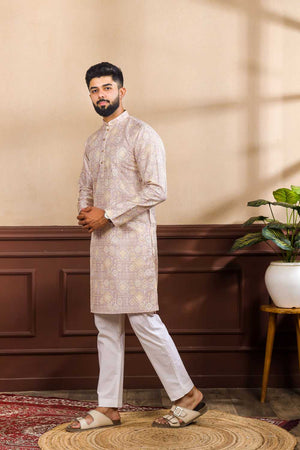 Men's Lavender Printed Art Silk Kurta with Dupatta