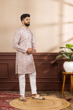Men's Lavender Printed Art Silk Kurta with Dupatta