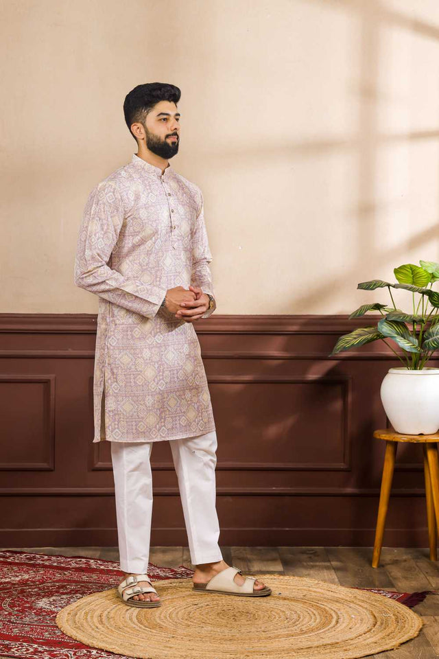 Men's Lavender Printed Art Silk Kurta with Dupatta