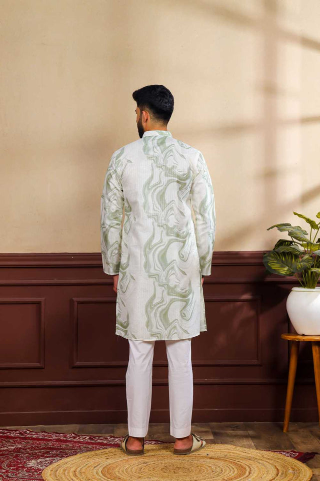 Men's Green Printed Art Silk Kurta with Dupatta