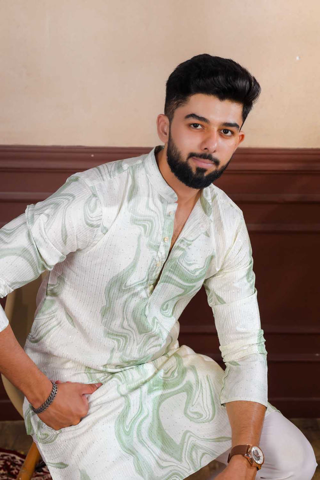 Men's Green Printed Art Silk Kurta with Dupatta