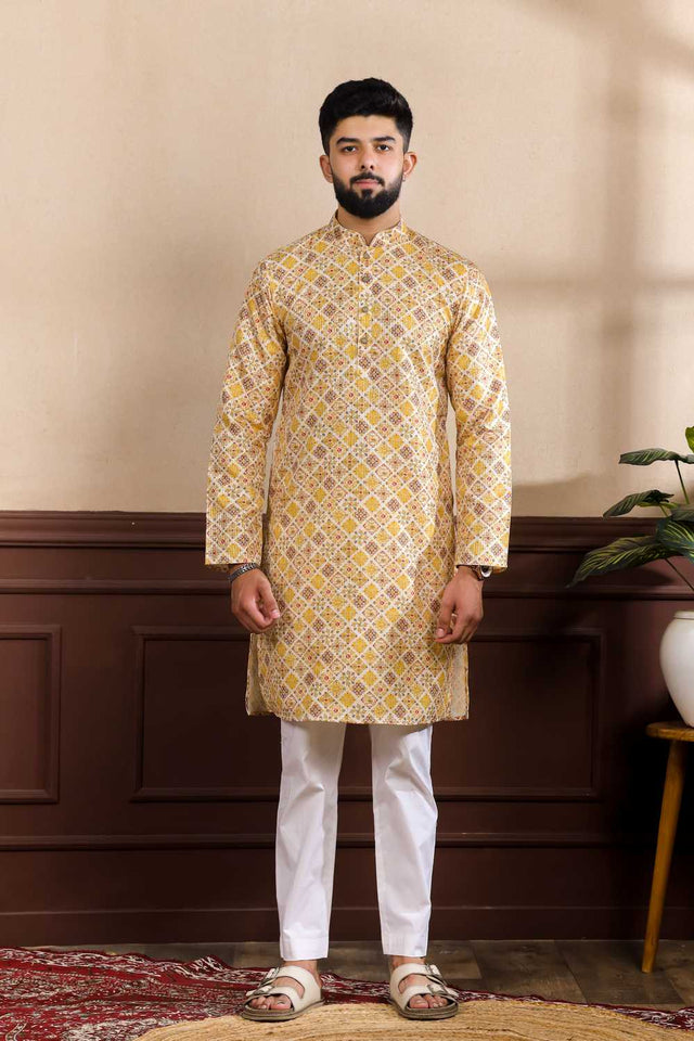 Men's Mustard Printed Art Silk Kurta with Dupatta
