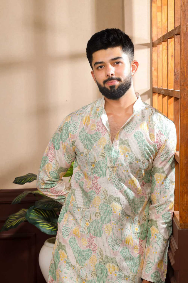 Men's Multi Color Printed Art Silk Kurta with Dupatta