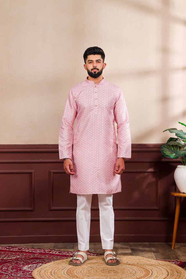 Men's Pink Printed Art Silk Kurta with Dupatta