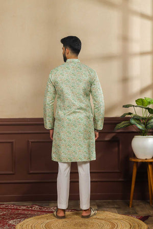 Men's Green Printed Art Silk Kurta with Dupatta