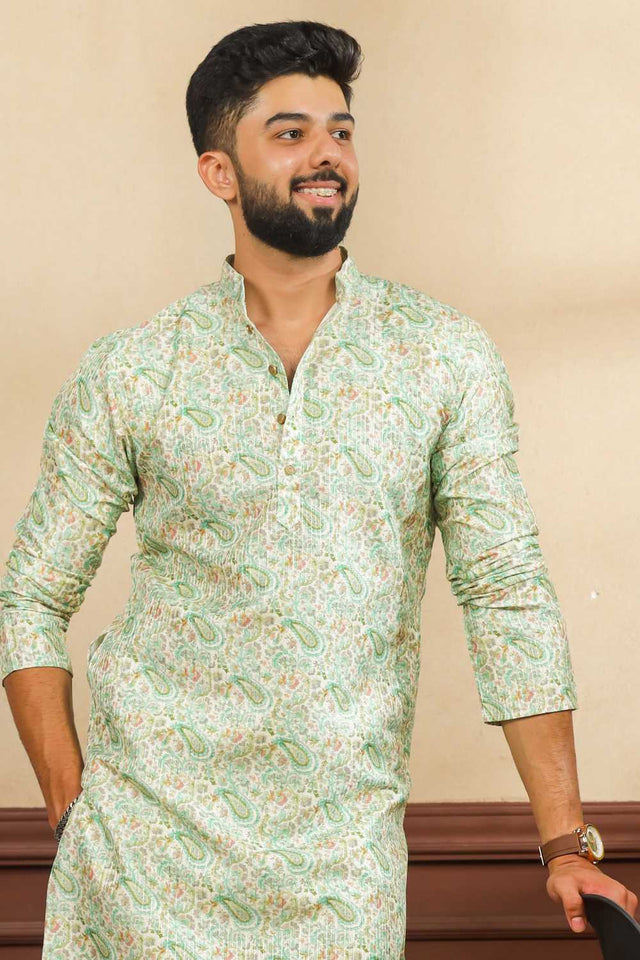 Men's Green Printed Art Silk Kurta with Dupatta