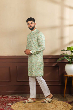 Men's Green Printed Art Silk Kurta with Dupatta
