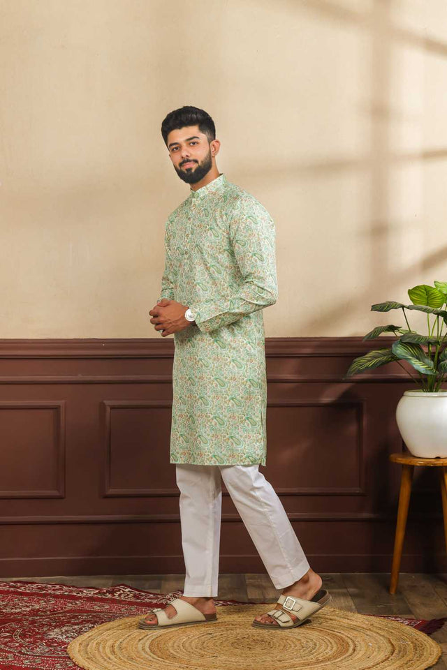 Men's Green Printed Art Silk Kurta with Dupatta