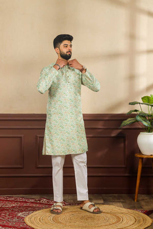 Men's Green Printed Art Silk Kurta with Dupatta