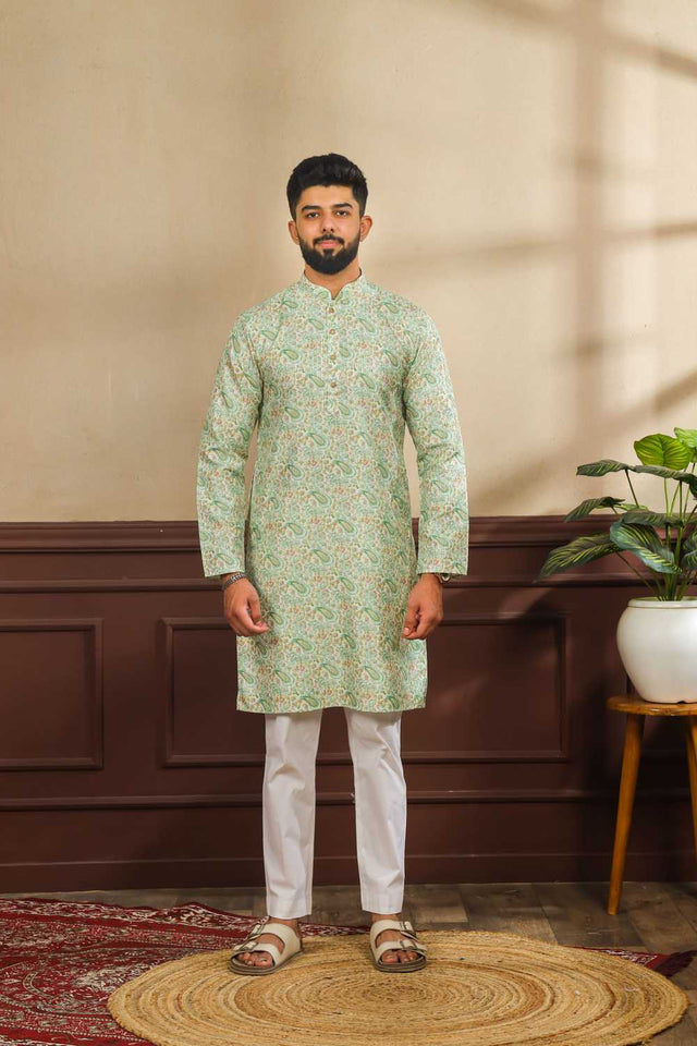 Men's Green Printed Art Silk Kurta with Dupatta
