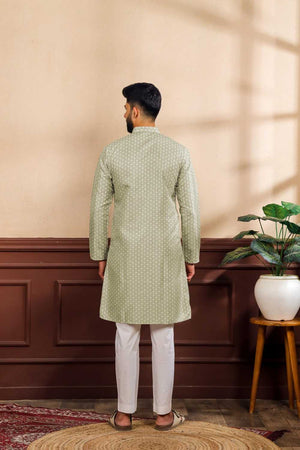 Men's Green Printed Art Silk Kurta with Dupatta