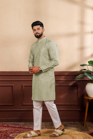 Men's Green Printed Art Silk Kurta with Dupatta