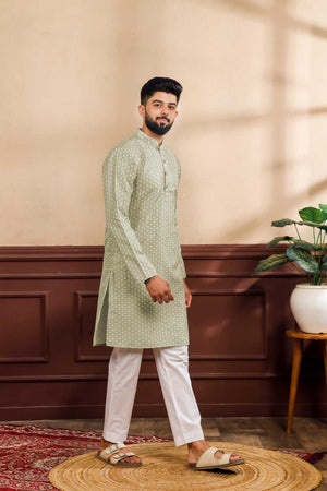 Men's Green Printed Art Silk Kurta with Dupatta