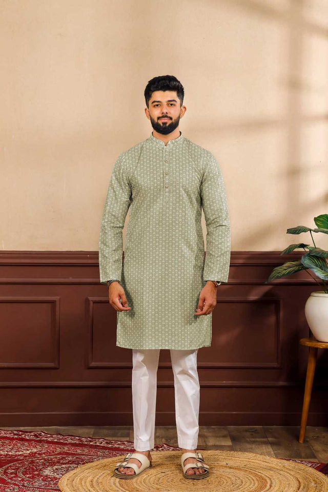 Men's Green Printed Art Silk Kurta with Dupatta