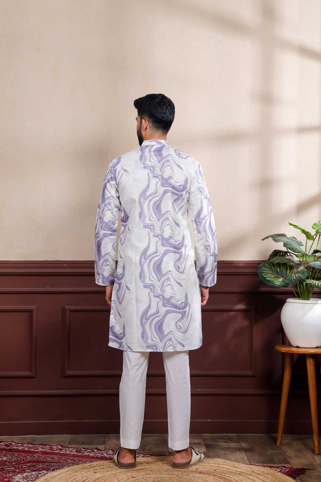 Men's Violet Printed Art Silk Kurta with Dupatta