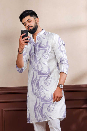 Men's Violet Printed Art Silk Kurta with Dupatta