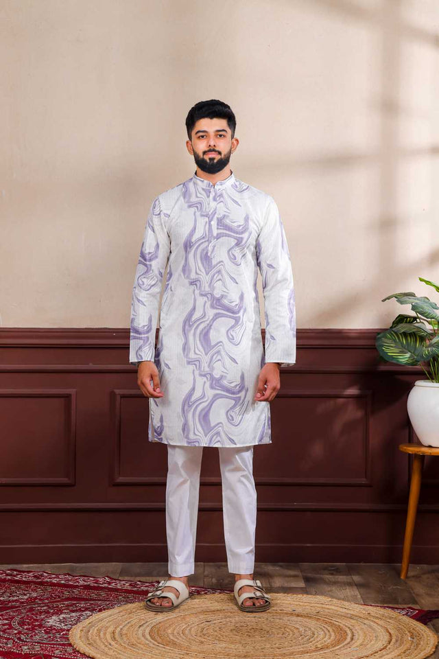 Men's Violet Printed Art Silk Kurta with Dupatta