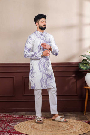 Men's Violet Printed Art Silk Kurta with Dupatta