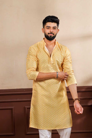 Men's Yellow Printed Art Silk Kurta with Dupatta