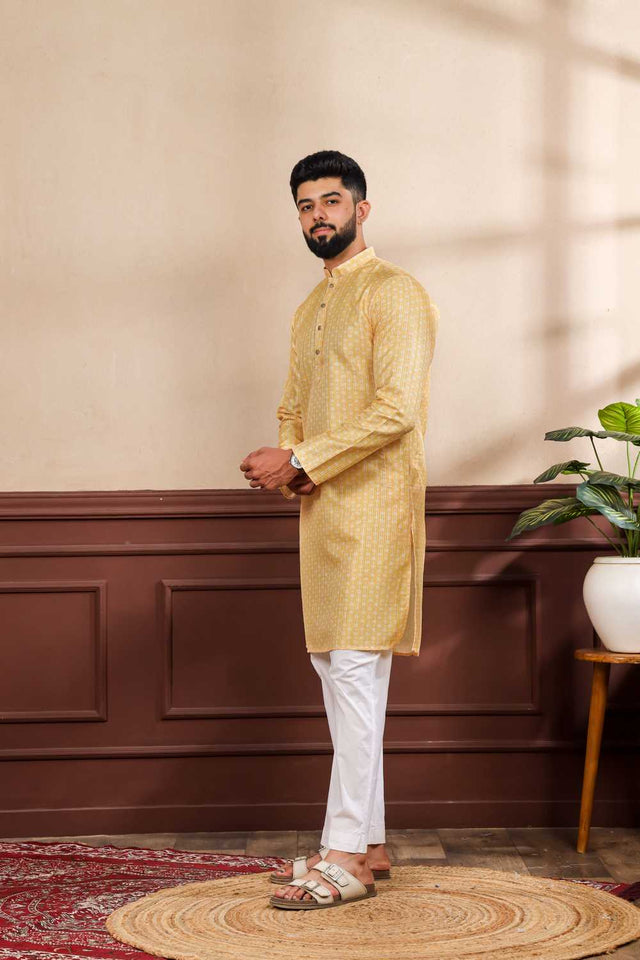 Men's Yellow Printed Art Silk Kurta with Dupatta