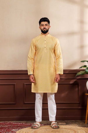 Men's Yellow Printed Art Silk Kurta with Dupatta