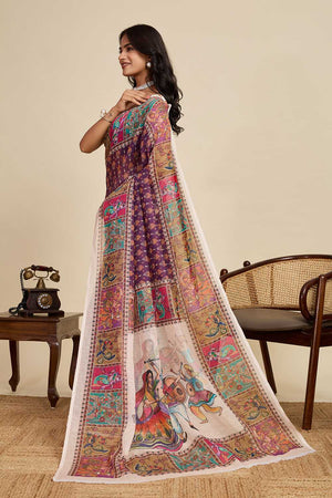 Violet Printed Linen Saree