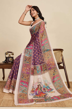 Violet Printed Linen Saree