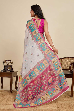 Off White Printed Linen Saree