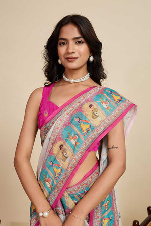 Off White Printed Linen Saree