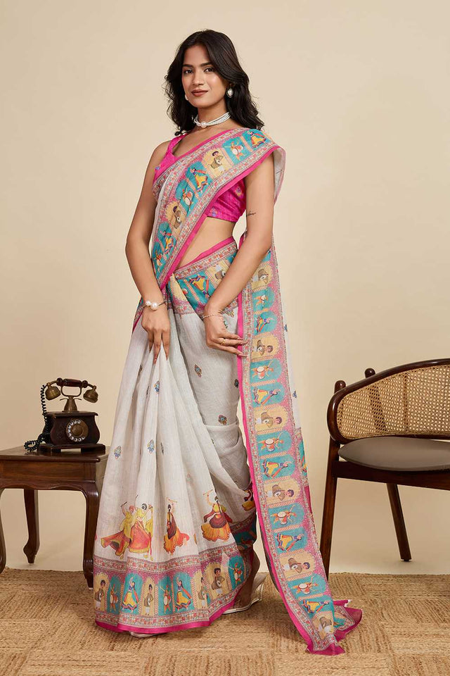 Off White Printed Linen Saree