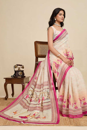 Cream Printed Linen Saree