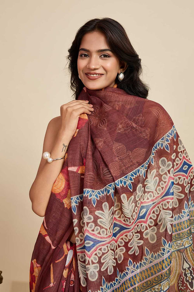 Brown Printed Linen Saree