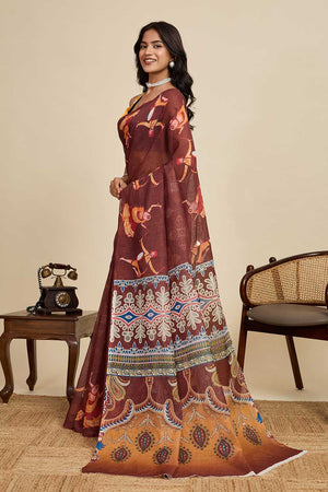 Brown Printed Linen Saree