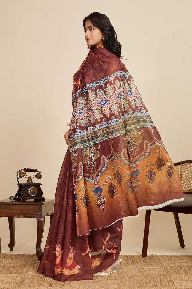 Brown Printed Linen Saree