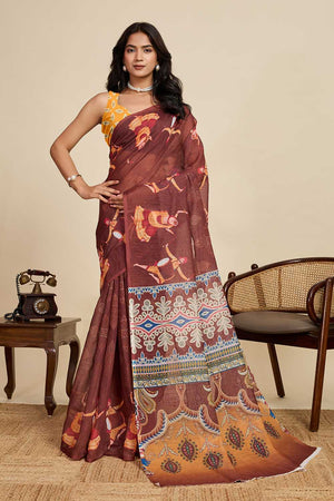 Brown Printed Linen Saree