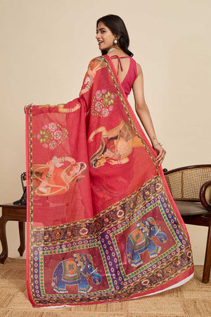 Maroon Printed Linen Saree