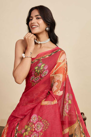 Maroon Printed Linen Saree