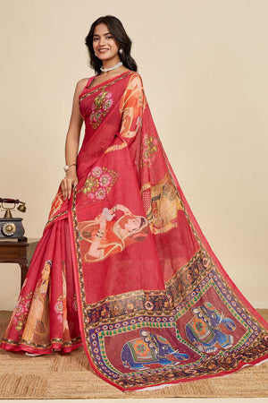 Maroon Printed Linen Saree