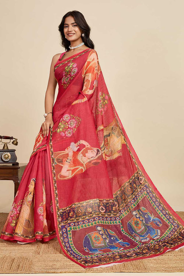 Maroon Printed Linen Saree