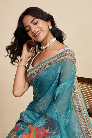 Blue Printed Linen Saree