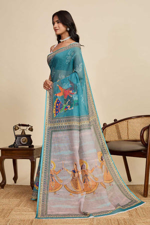 Blue Printed Linen Saree