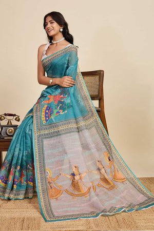 Blue Printed Linen Saree