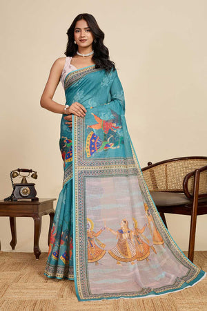 Blue Printed Linen Saree