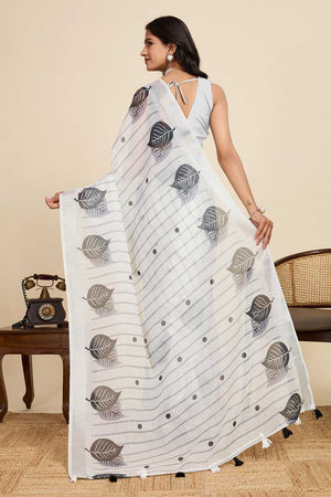Off White Printed Linen Saree