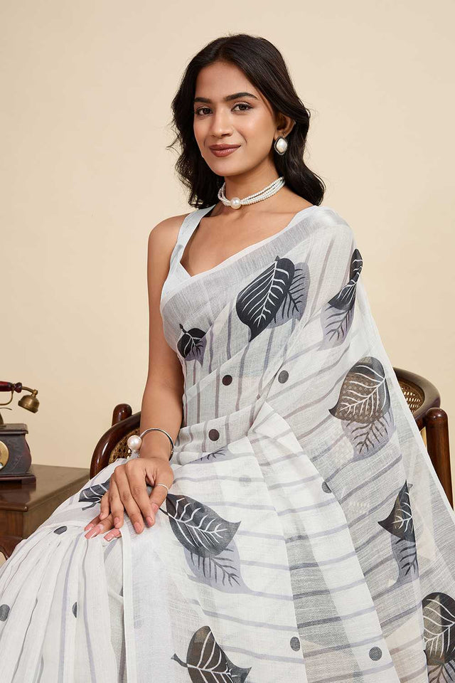 Off White Printed Linen Saree