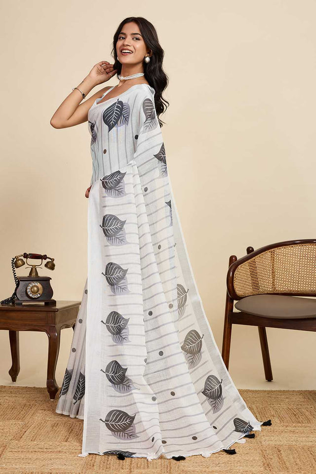 Off White Printed Linen Saree