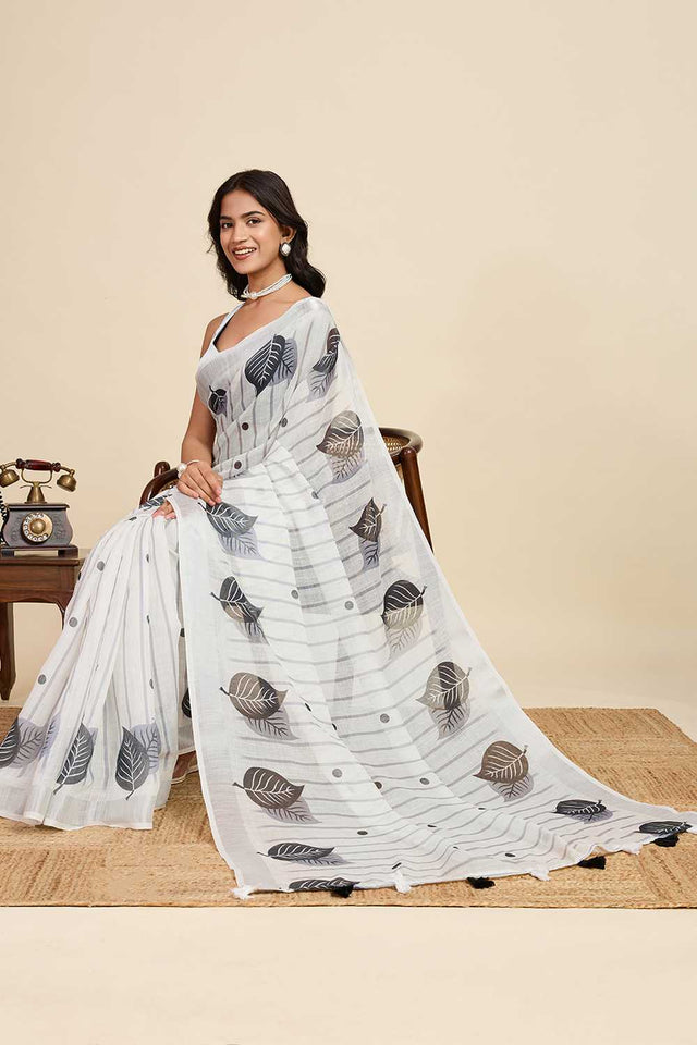 Off White Printed Linen Saree