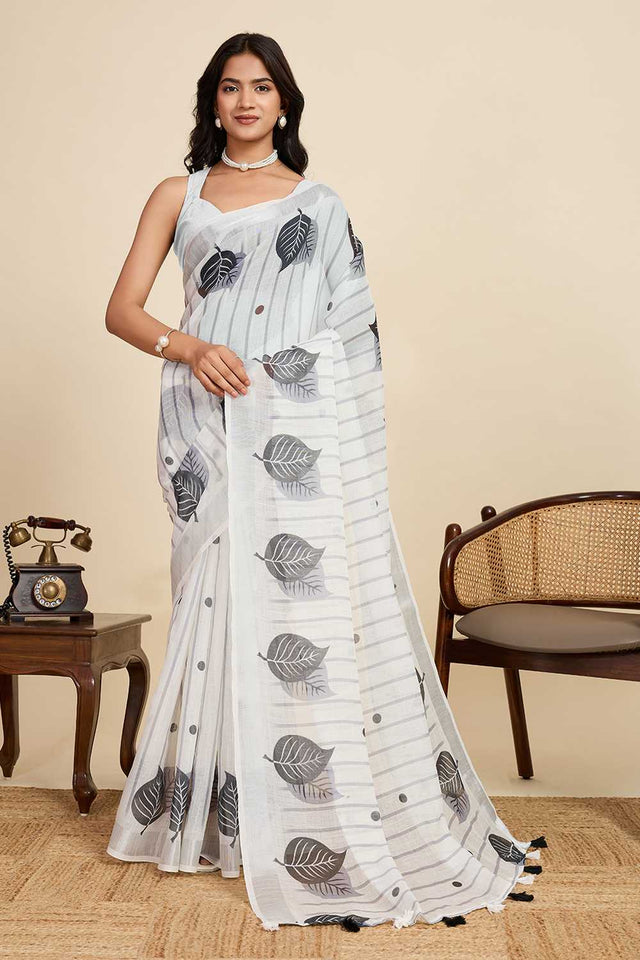 Off White Printed Linen Saree