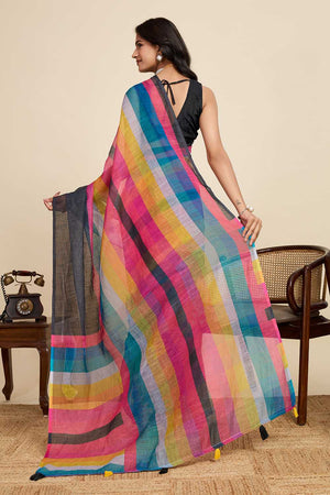 Multi Color Printed Linen Saree