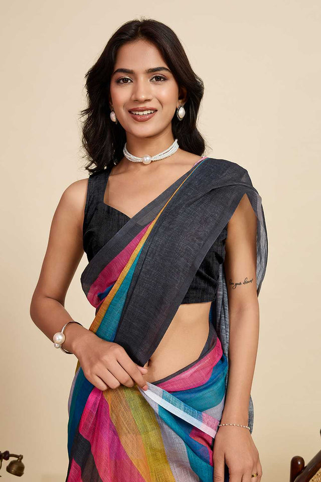 Multi Color Printed Linen Saree
